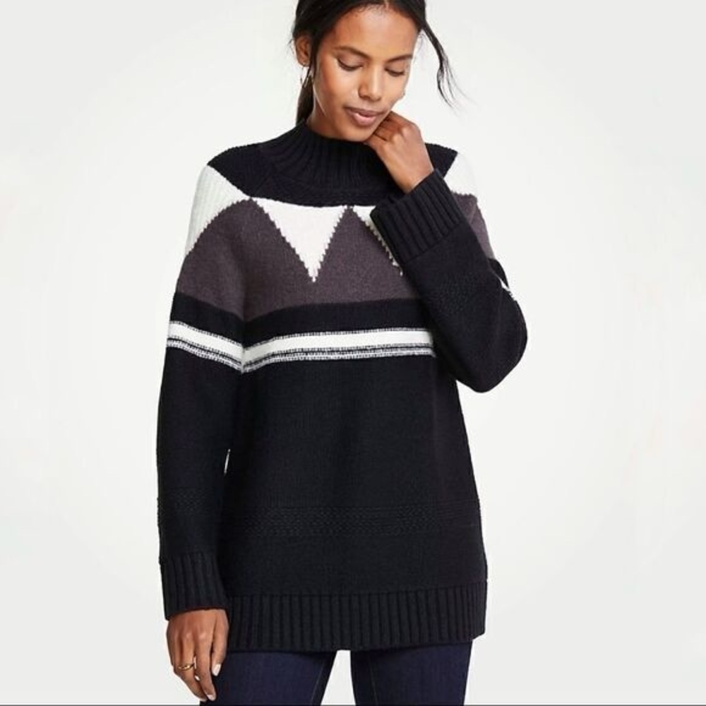 Ann Taylor Fair Isle Mock Neck Wool Blend Sweater S Small Black Grey White